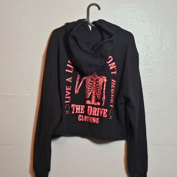 Distressed Black Cropped Hoodie with Skeleton - Picture 3 of 6